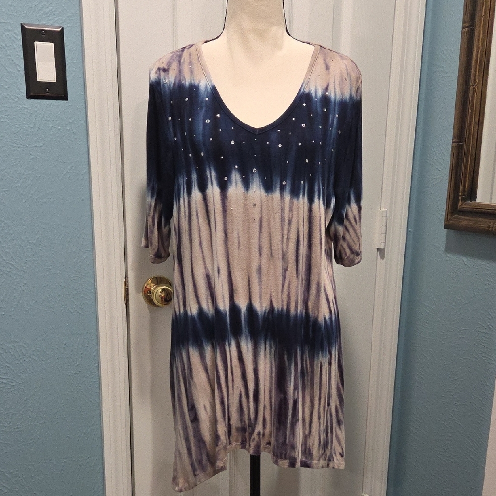 Thomas & Olivia Tie-Dye V-Neck Women's Top Midnight Blue Tan Gemstone Size XL